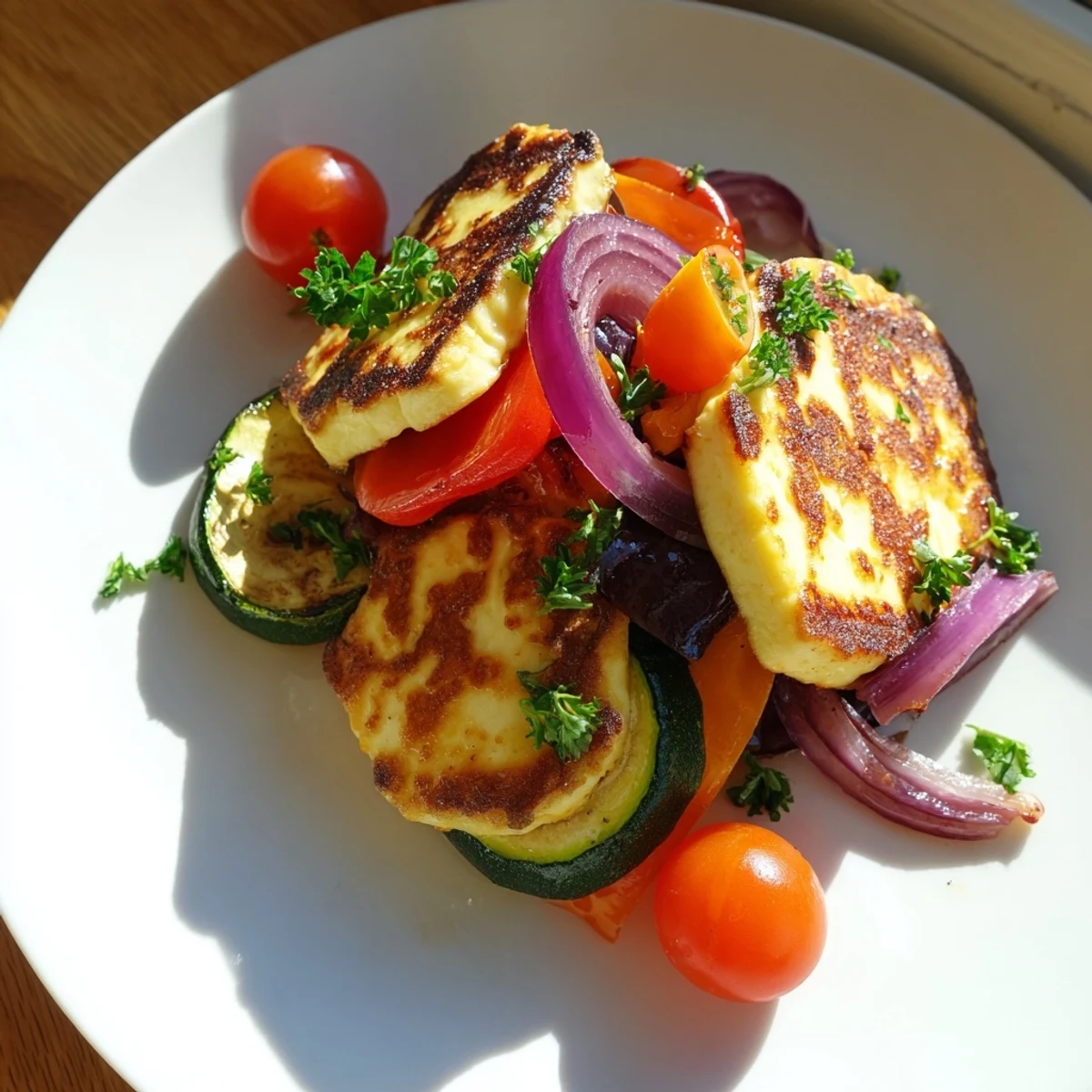 Grilled halloumi cheese steak served with lemon wedges and cherry tomatoes, ready to enjoy.