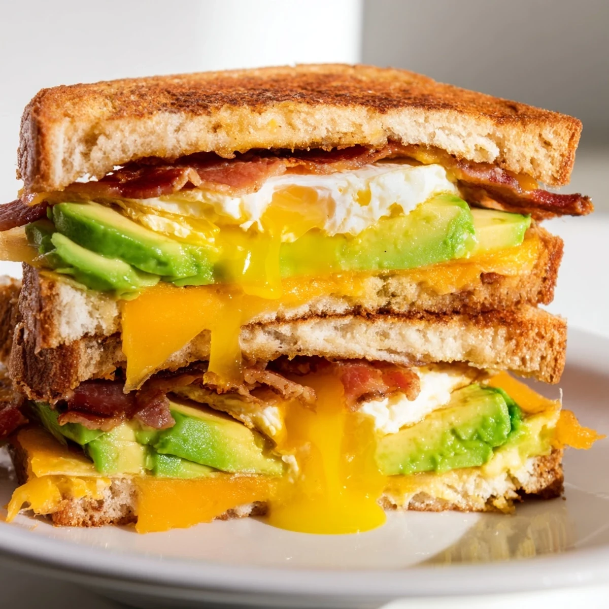 Crispy bacon, melty cheddar, and a golden egg layer this Loaded Breakfast Sandwich on toasted sourdough with fresh avocado slices.  