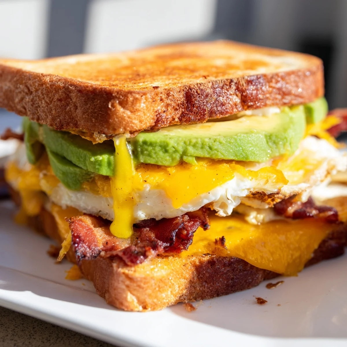A close-up view showcases the hearty layers of a Loaded Breakfast Sandwich with bacon, avocado, and tomato on buttery toasted bread.  