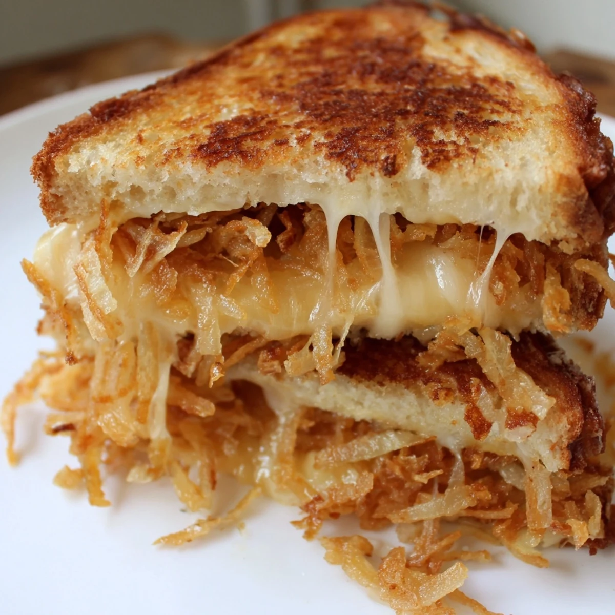 Golden-brown crispy onion grilled cheese on sourdough, with melted cheddar and mozzarella oozing between buttery toasted bread.
