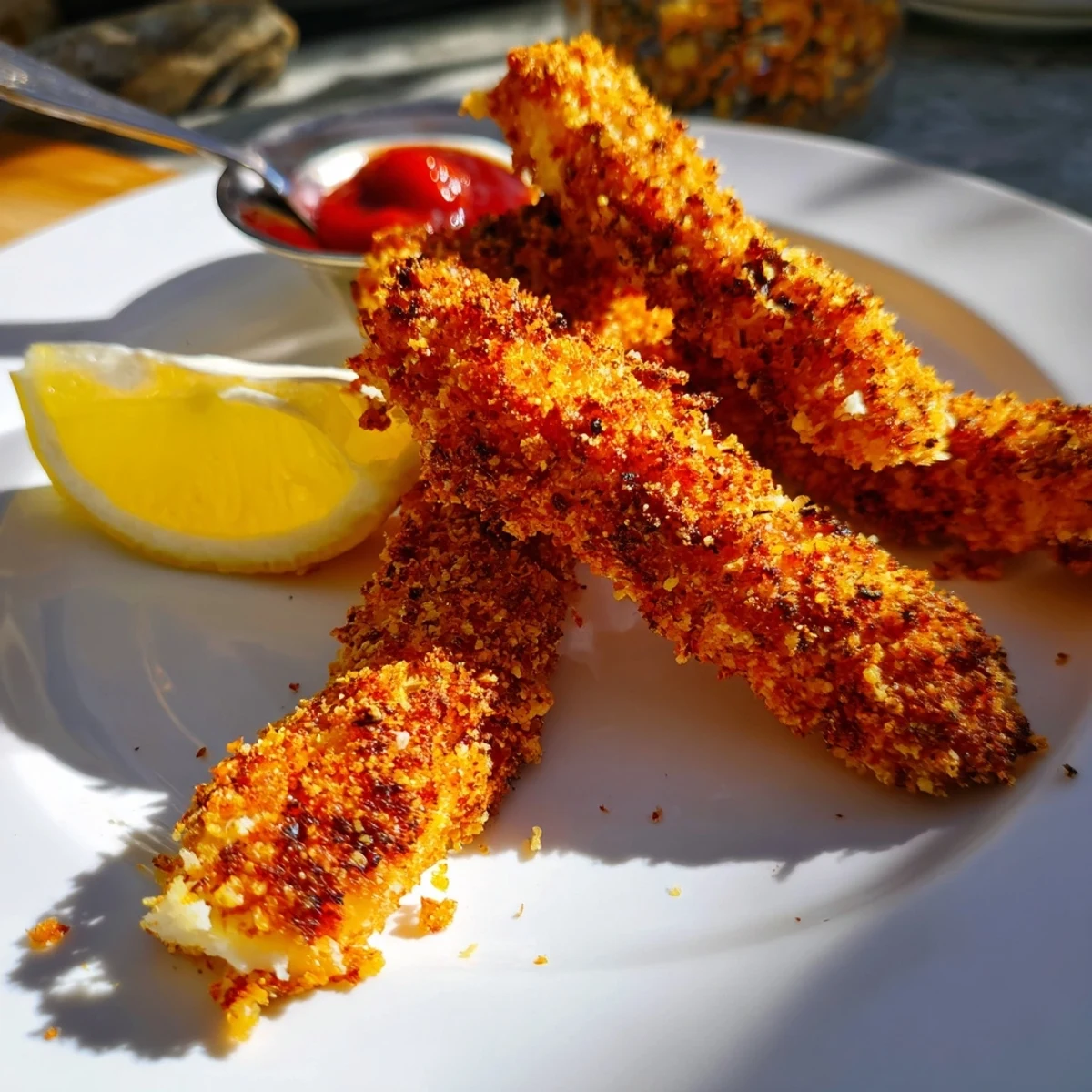 Golden, crispy panko-coated halloumi cheese sits beside fresh lemon wedges and a vibrant swirl of spicy hot sauce.
