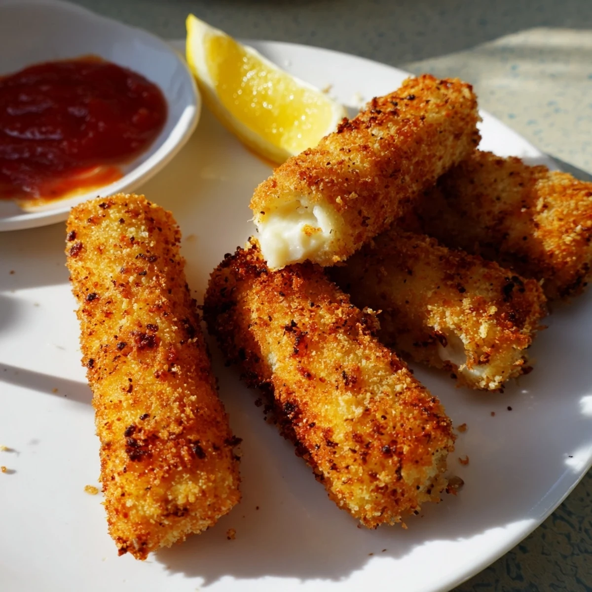Crispy Panko Halloumi fried until golden brown, served hot with lemon wedges and hot sauce for a delicious snack.