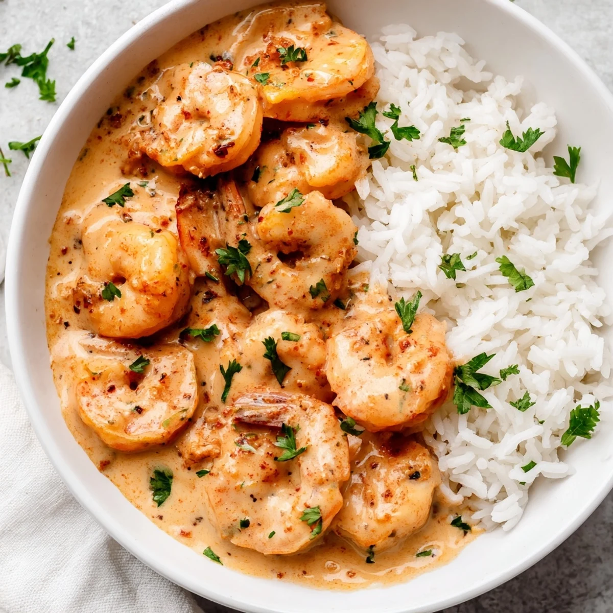 Plump Cajun shrimp nestled in creamy sauce over fluffy jasmine rice in a ceramic bowl.  
