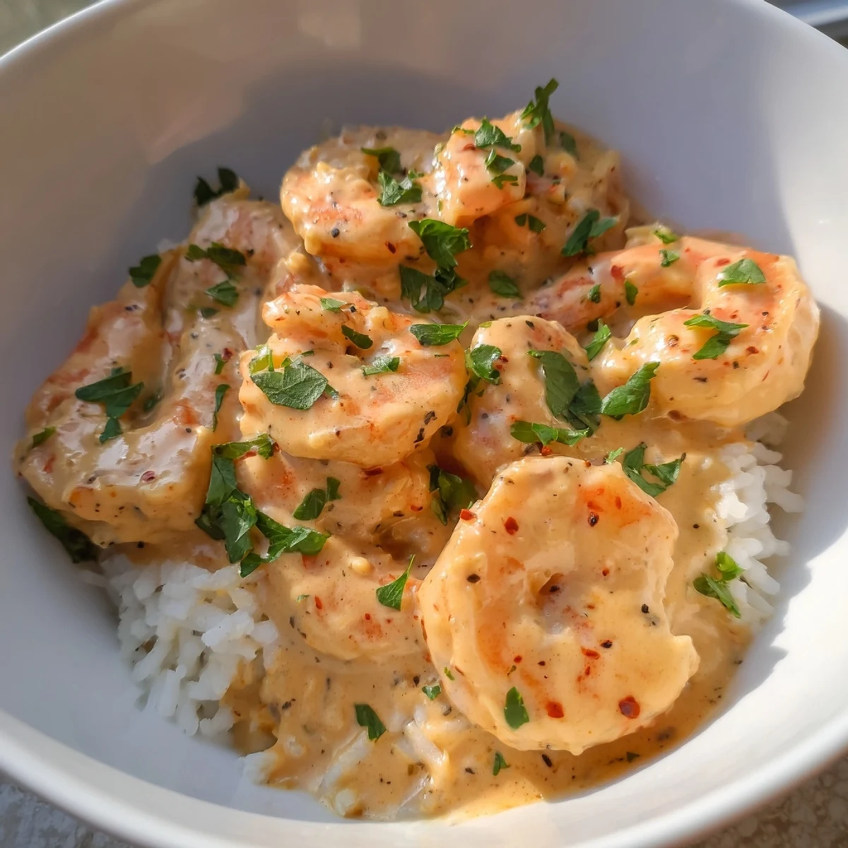 Close-up of Creamy Cajun Shrimp Rice Bowl with fresh parsley garnish and lemon wedges.  