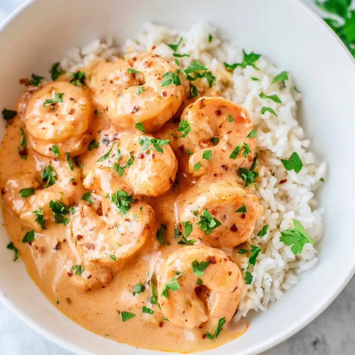 Savory Cajun shrimp and rich cream sauce served over steamed jasmine rice for dinner.