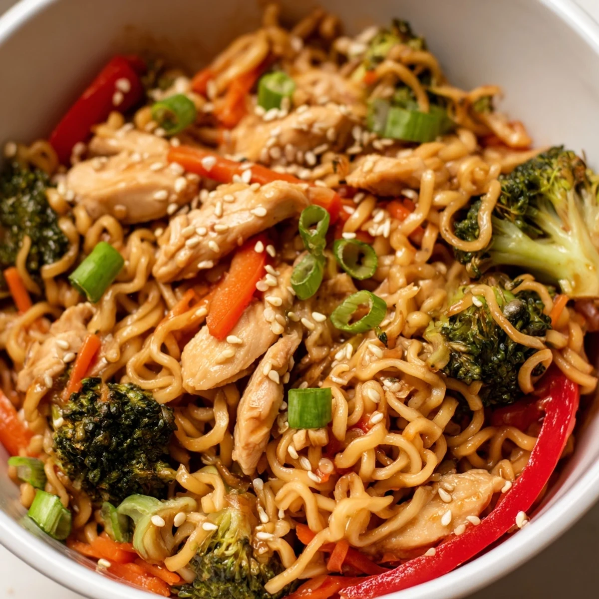 Hot Spicy Ramen Stir-Fry in a skillet with tender chicken, crisp broccoli, and colorful bell peppers glistening with a glossy, spicy sauce.