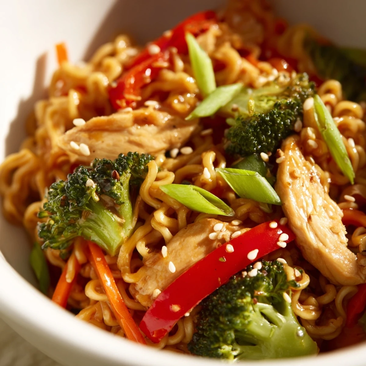 A vibrant platter of Spicy Ramen Stir-Fry with julienned carrots and noodles, ready to be served for a quick family dinner.