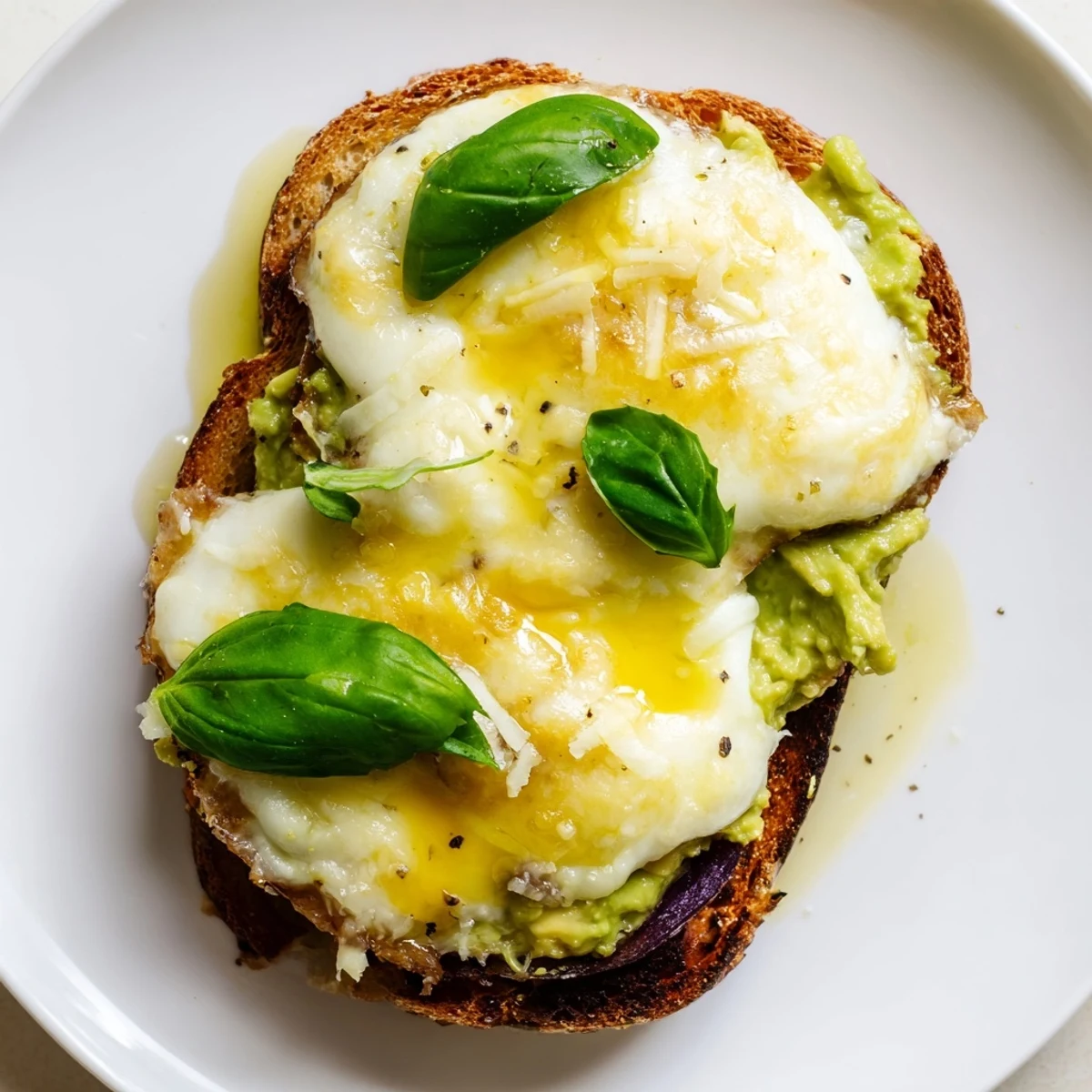 Golden melted mozzarella blankets creamy smashed avocado on crisp toasted sourdough, garnished with fresh basil leaves for a vibrant snack.