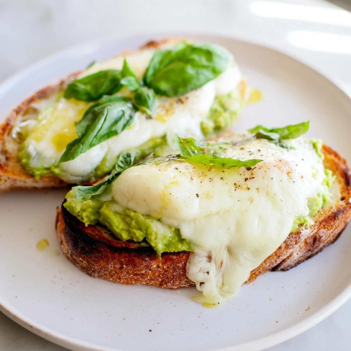 Warm broiled tartine featuring gooey mozzarella and lemony avocado spread on rustic bread, ready to enjoy immediately.