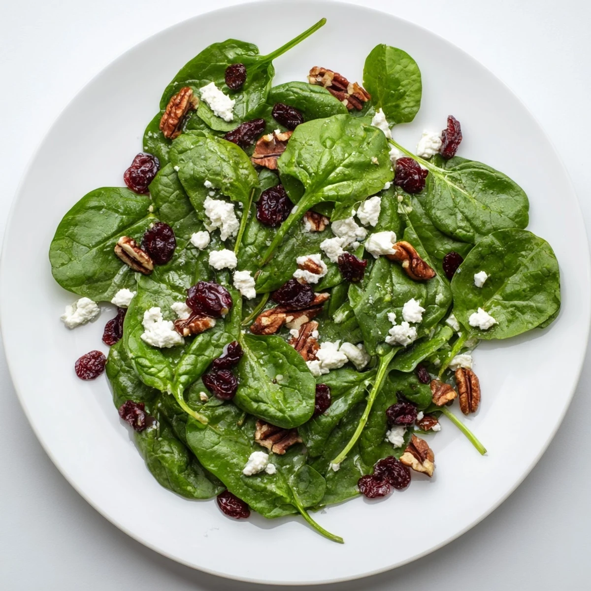 A plated Spinach Goat Cheese Salad garnished with extra candied pecans, ready to serve as an elegant vegetarian lunch or dinner side.