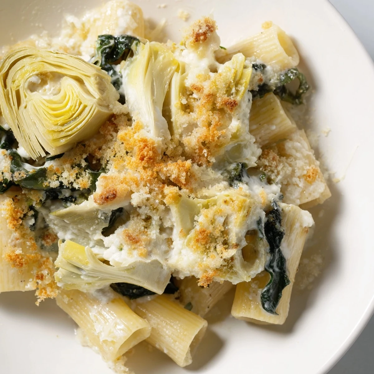 A close-up of baked Artichoke Pasta Bake in a ceramic dish, golden breadcrumb topping bubbling over melted Parmesan.