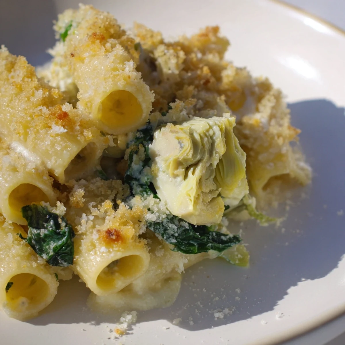 A spoon lifts a creamy portion of Artichoke Pasta Bake, revealing tender pasta and a rich Parmesan cream sauce.