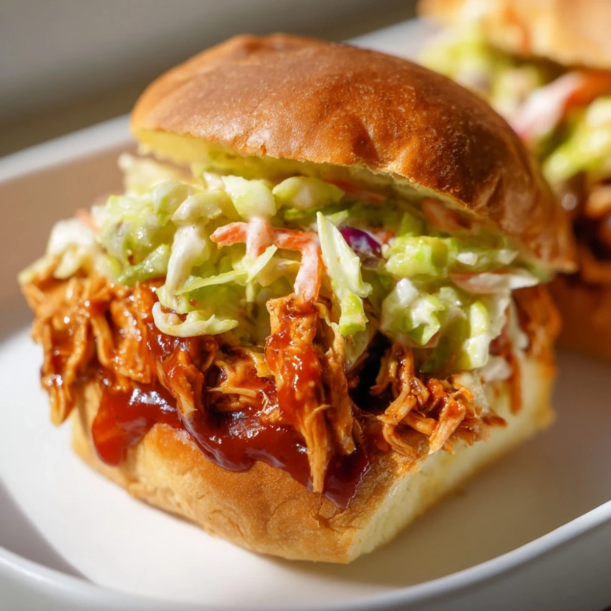 Two stacked BBQ Chicken Sliders on a plate, with tangy slaw and barbecue sauce glistening, ideal for a casual summer dinner.