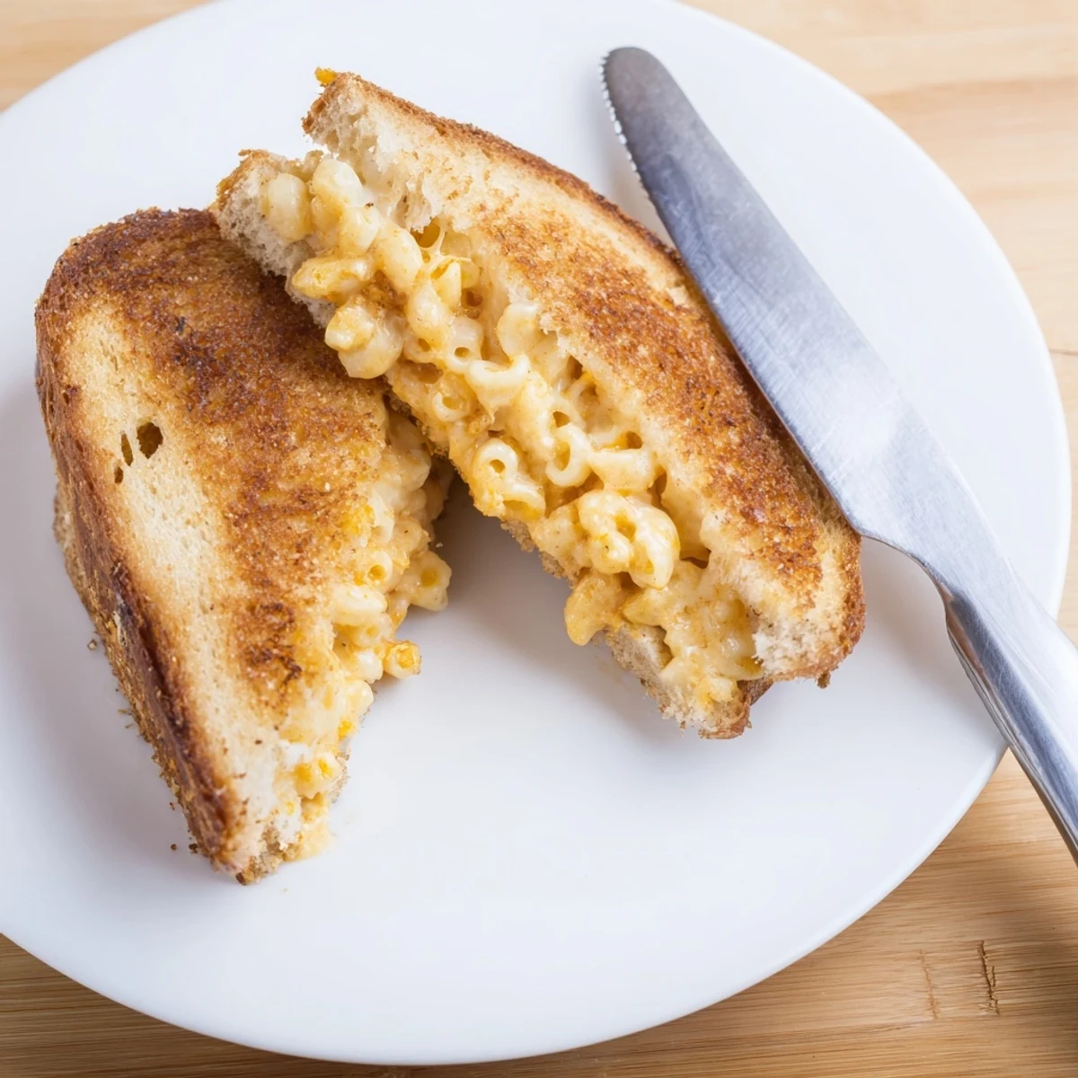 Steaming melted cheddar oozes from a crispy Mac & Cheese Grilled Cheese served on a checkered plate.