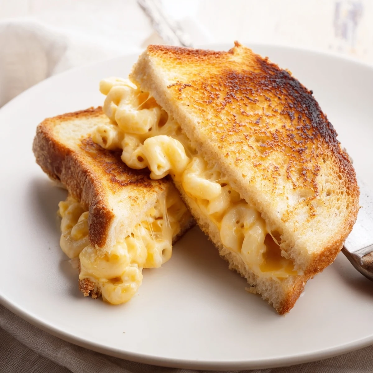 A close-up of a Mac & Cheese Grilled Cheese reveals buttery toast and macaroni spilling from the edges.
