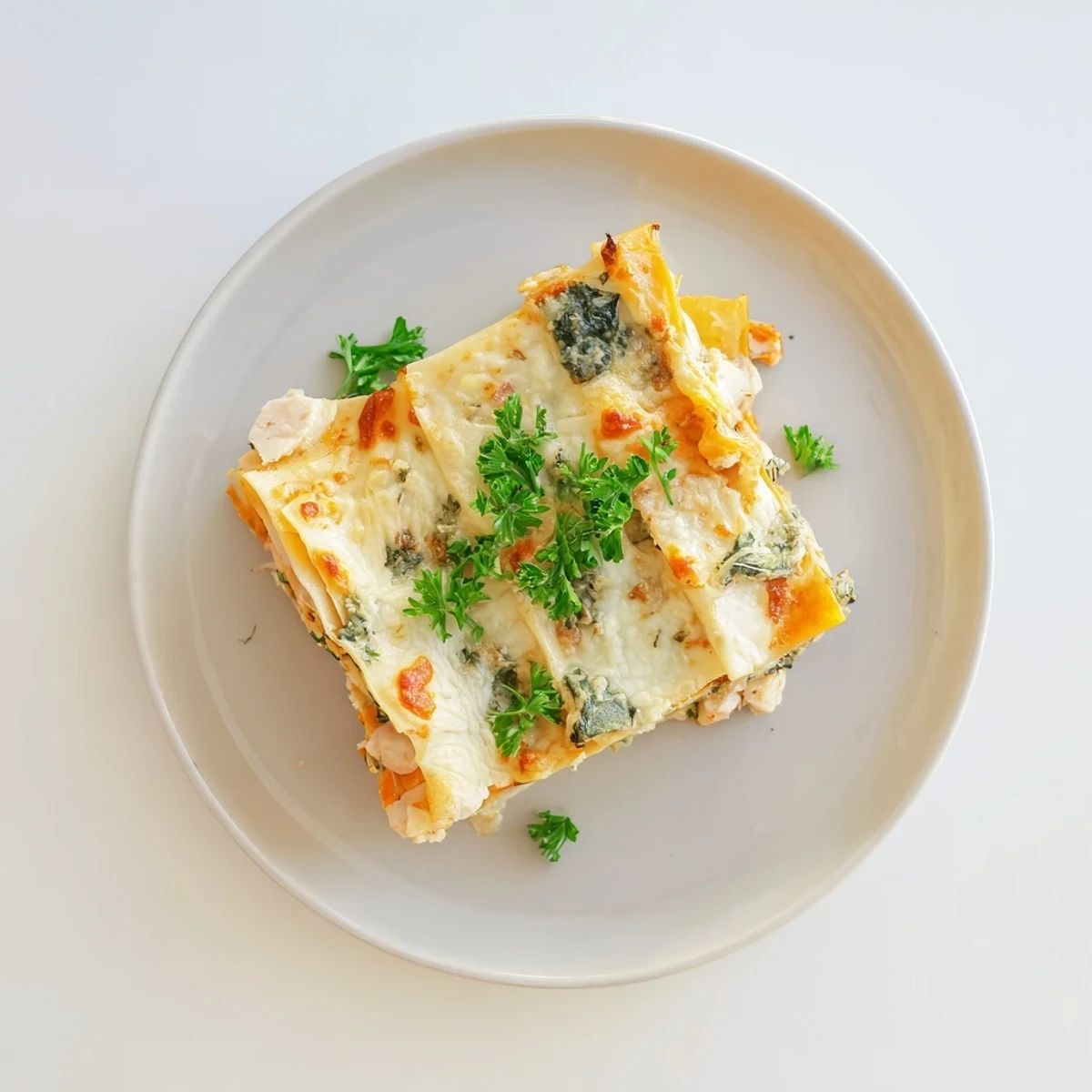 Golden, bubbly Chicken Alfredo Lasagna layers in a white baking dish, steam rising from the melted mozzarella and Parmesan topping.