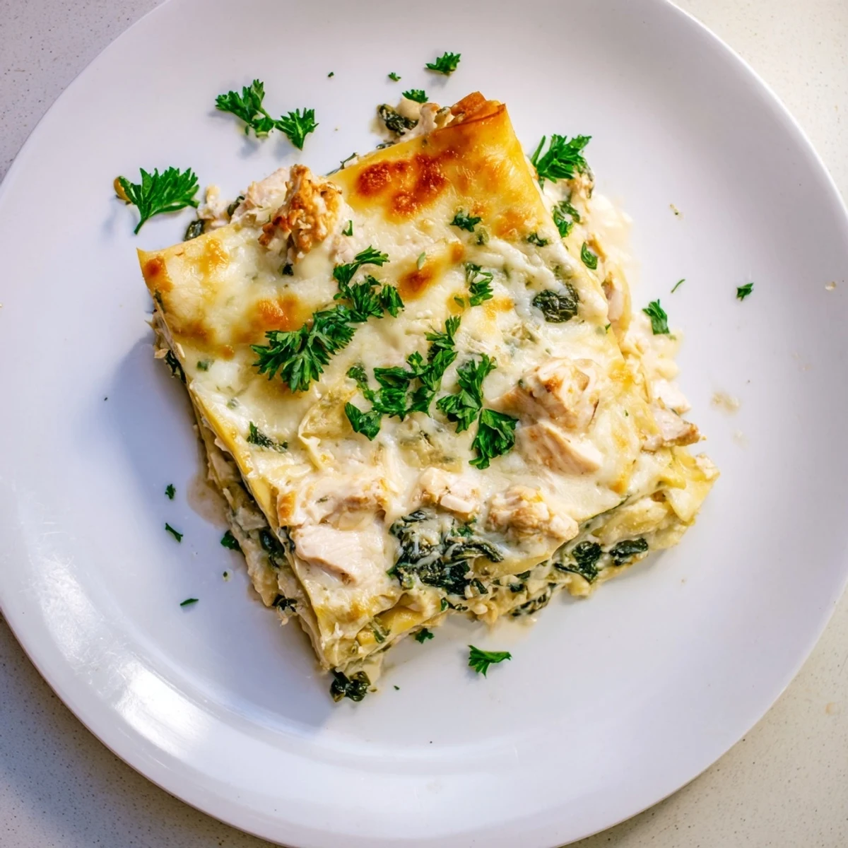 A slice of homemade Chicken Alfredo Lasagna rests on a plate, garnished with parsley and paired with a green salad.