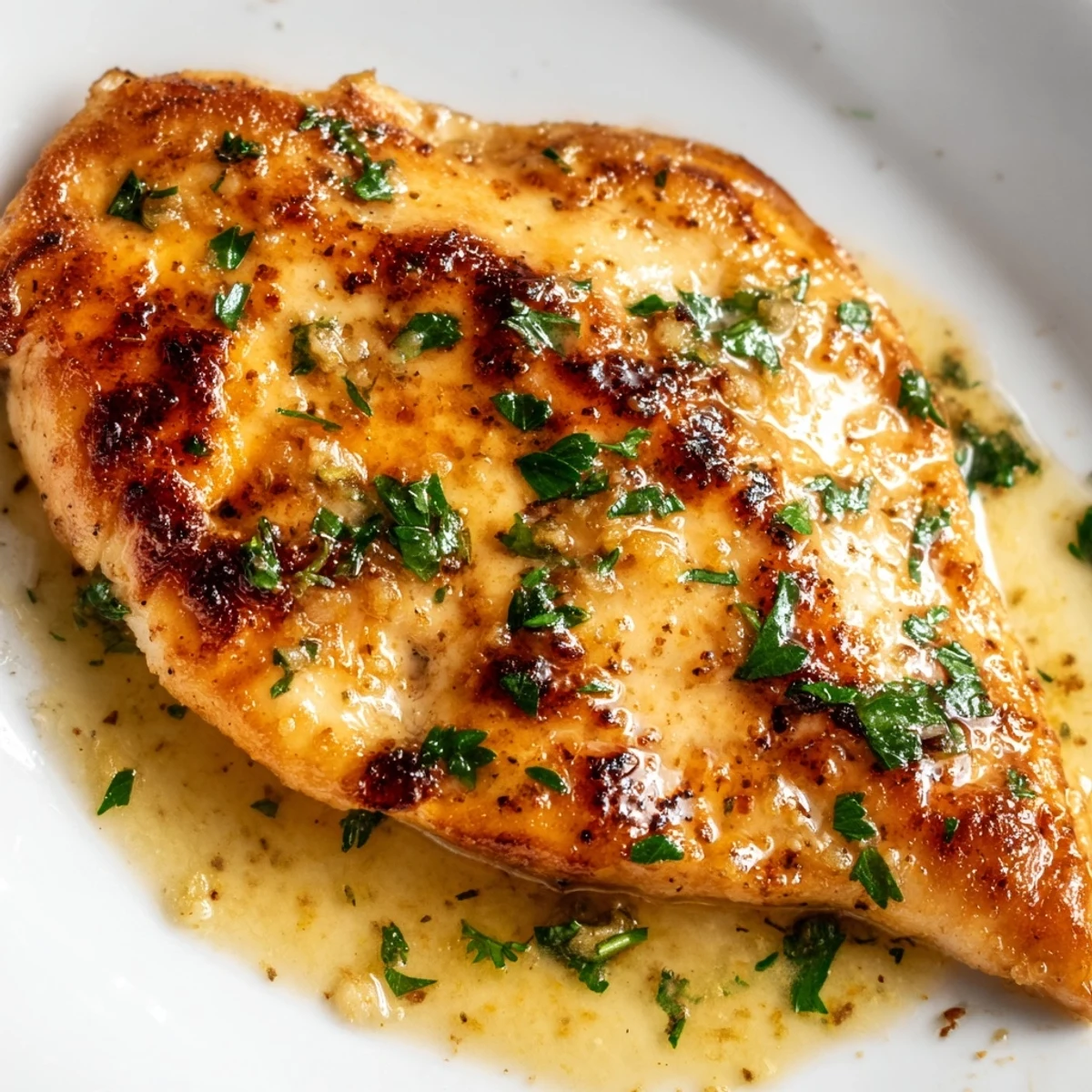 Spinach Lemon Butter Chicken garnished with parsley and lemon slices, resting on a simple white plate for a bright dinner.