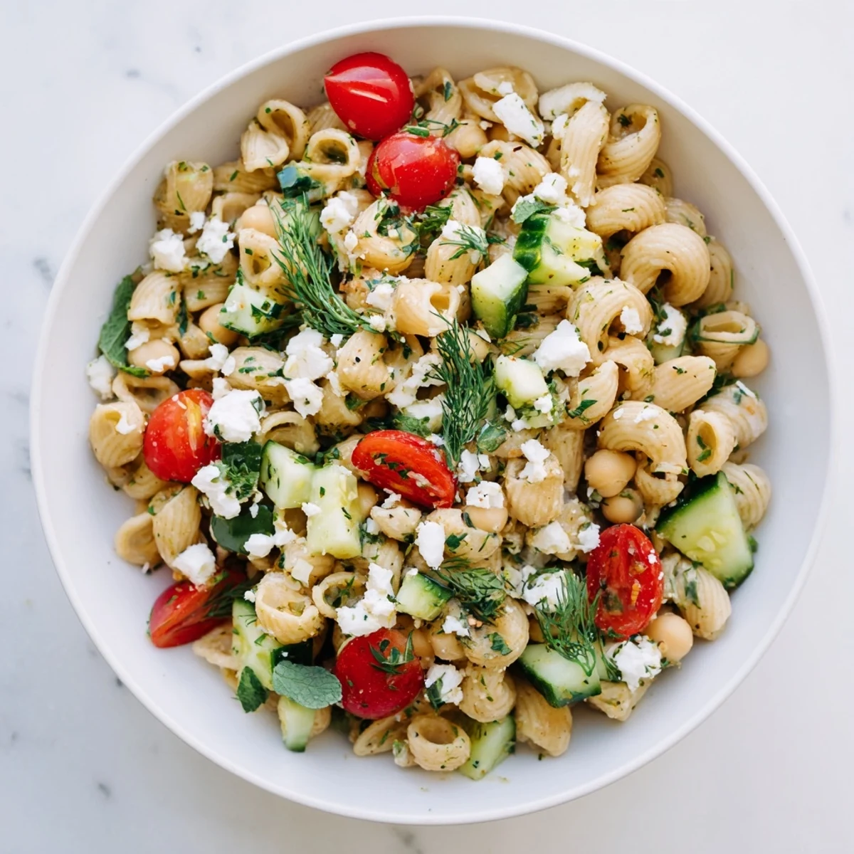 A vibrant bowl of Lemon Herb Chickpea Pasta Salad, featuring glossy chickpea pasta coated in zesty lemon dressing with crisp cucumber and cherry tomatoes.  