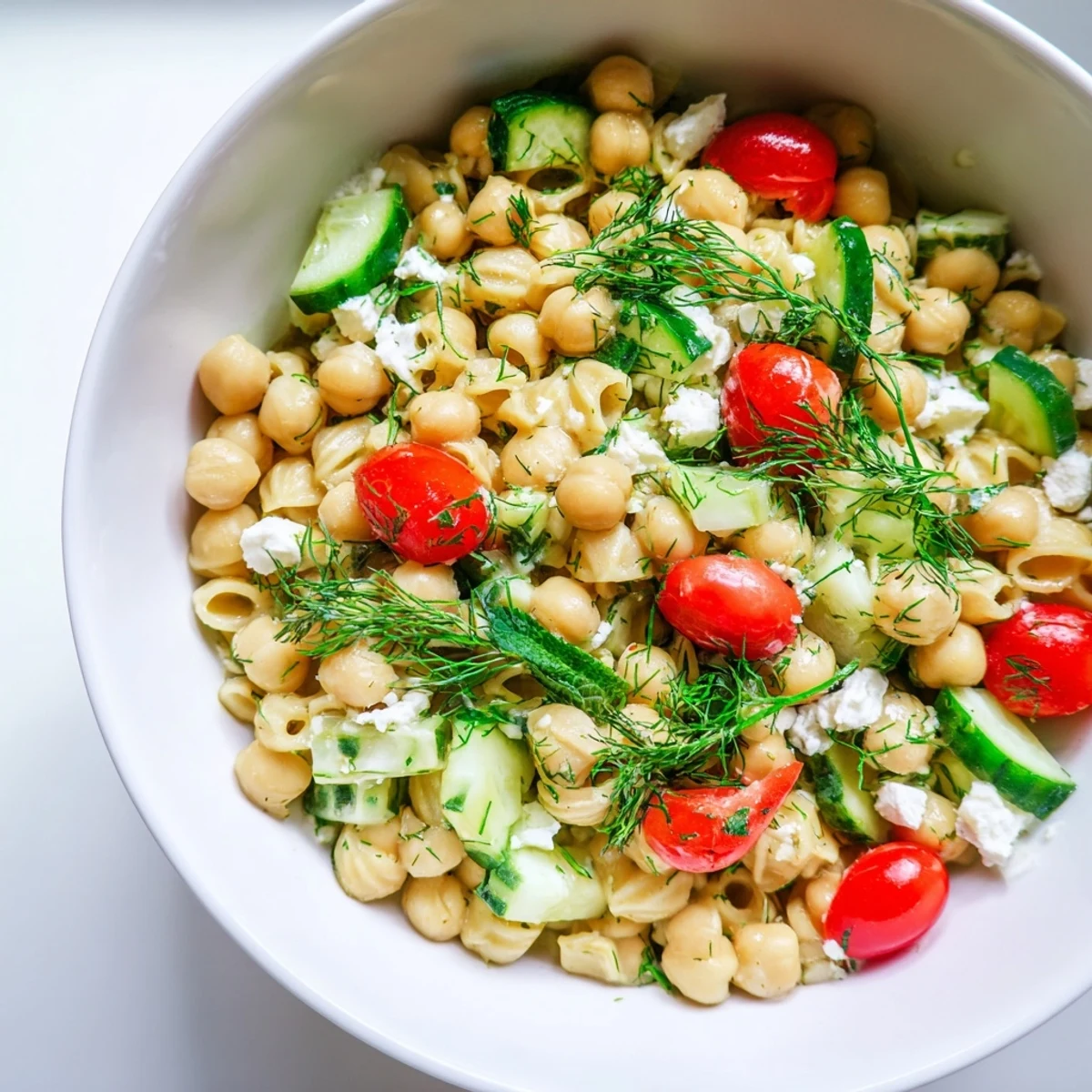 Close-up of chilled Lemon Herb Chickpea Pasta Salad, highlighting colorful vegetables and herbs in a light, refreshing olive oil dressing, perfect for summer picnics.