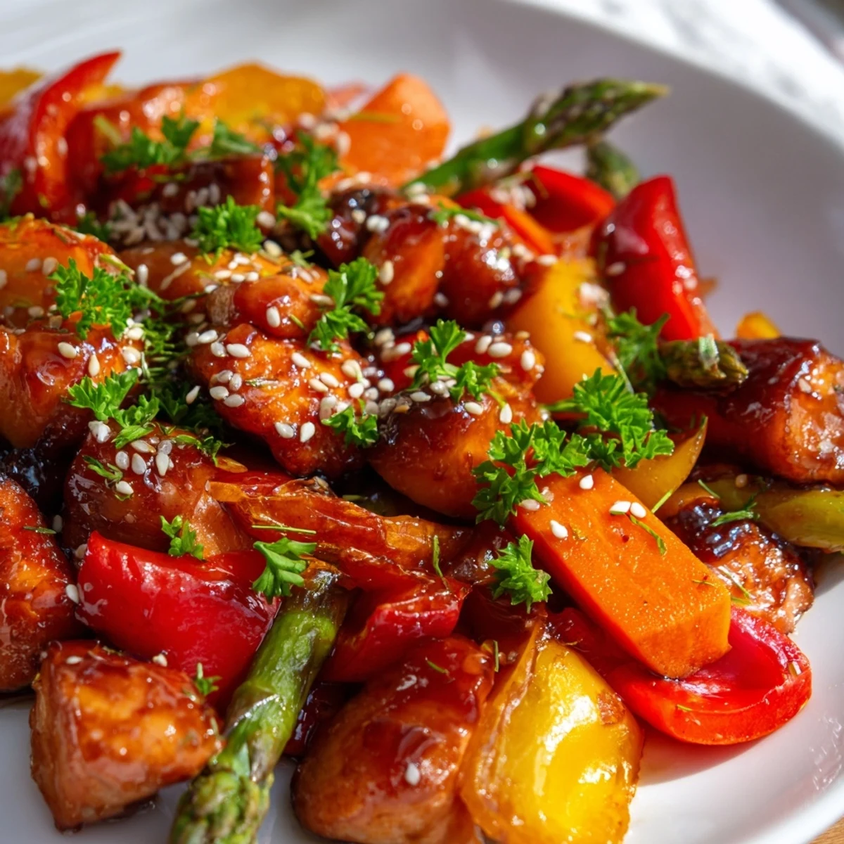 Roasted Sheet Pan Honey Garlic Chicken and vegetables glisten with sweet-savory sauce, ready to serve.