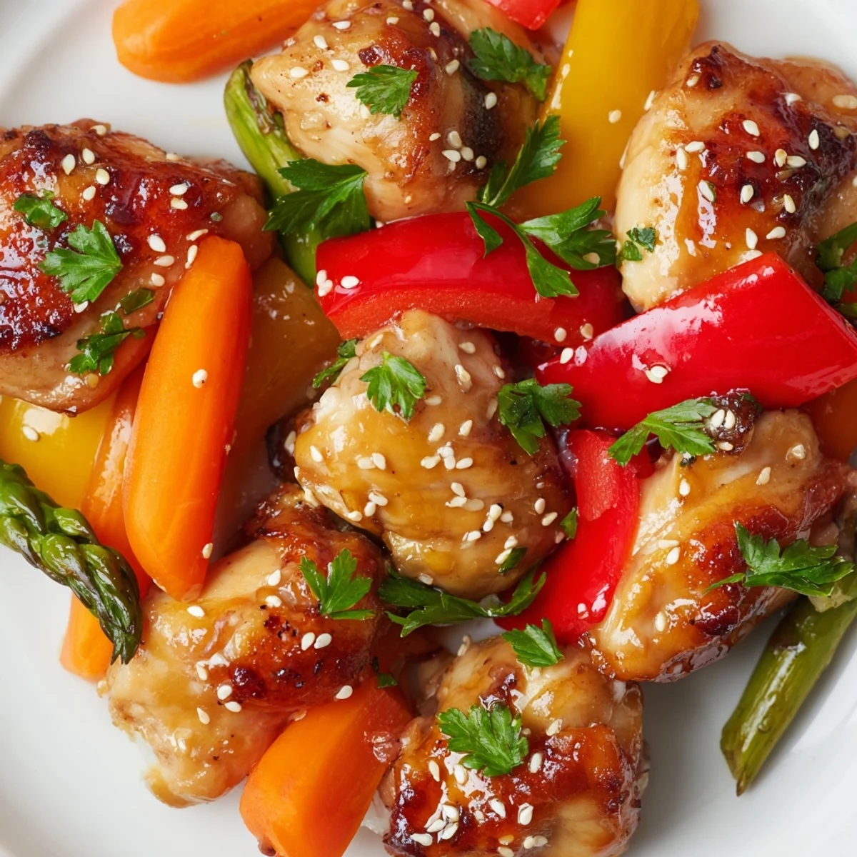 Tender chicken and crisp spring veggies in honey garlic sauce make a vibrant dinner.