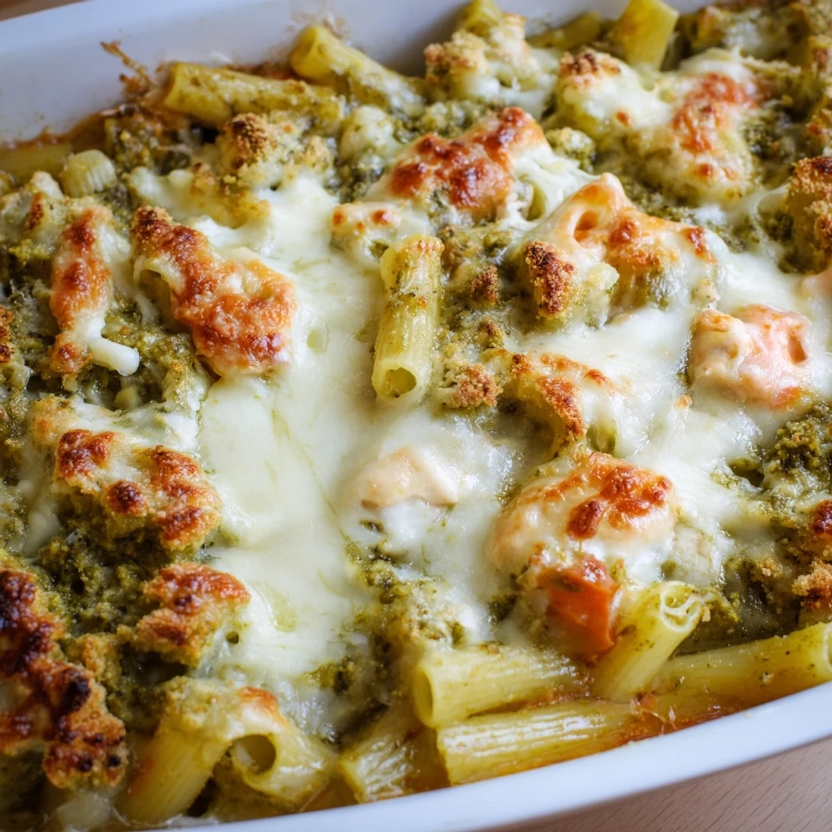 Fresh basil leaves garnish a bubbling Pesto Chicken Pasta Bake, served hot from the oven for family dinner.  
