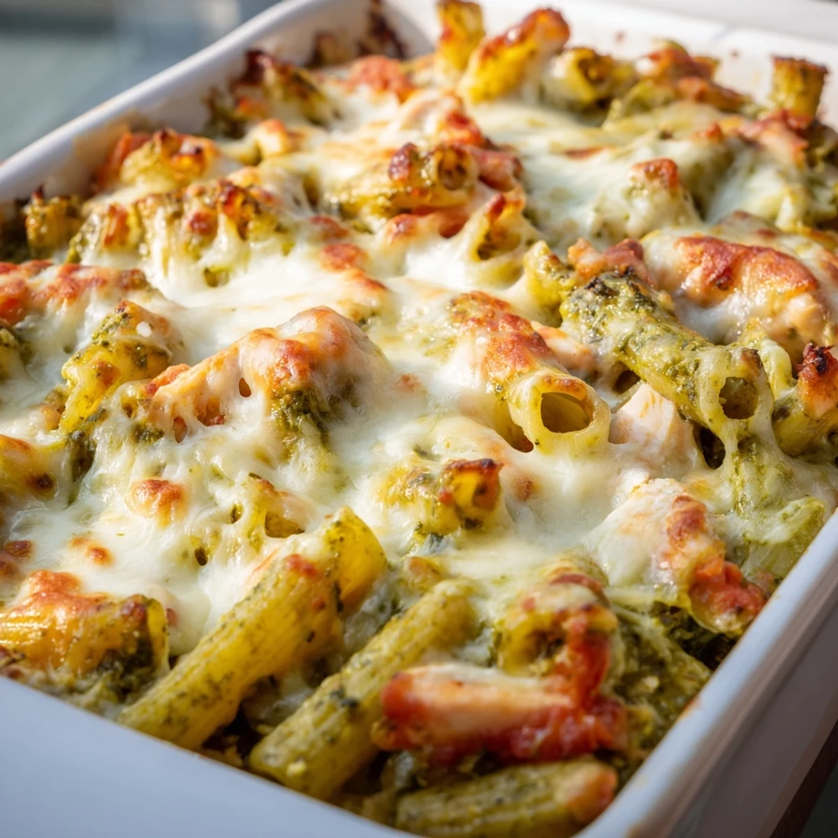 Golden-brown Pesto Chicken Pasta Bake with melted mozzarella, tender chicken, and vibrant basil pesto in a rustic dish.  