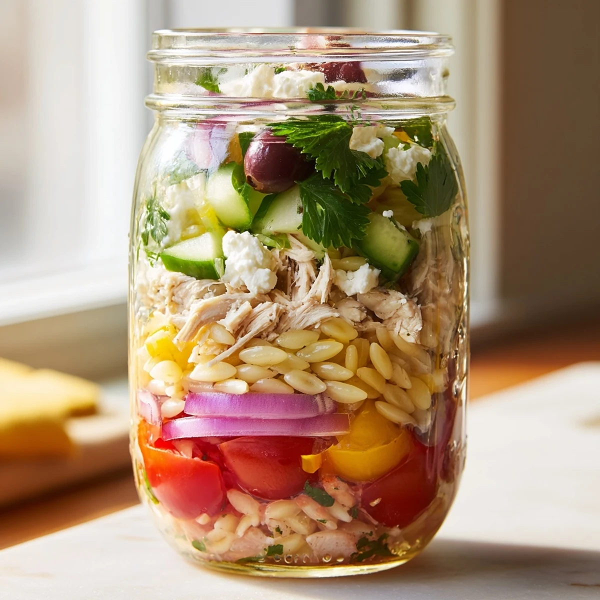 Clear glass mason jars layered with Greek pasta chicken salad, featuring orzo, tomatoes, olives, and crumbled feta cheese.  