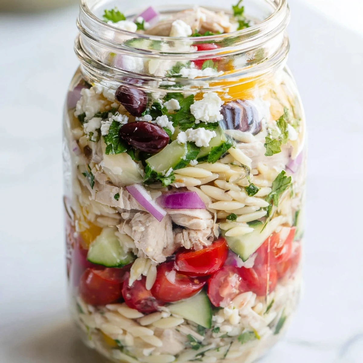 Greek pasta chicken salad jars display colorful ingredients like cucumbers, red onion, and parsley, perfect for healthy meal prep.  