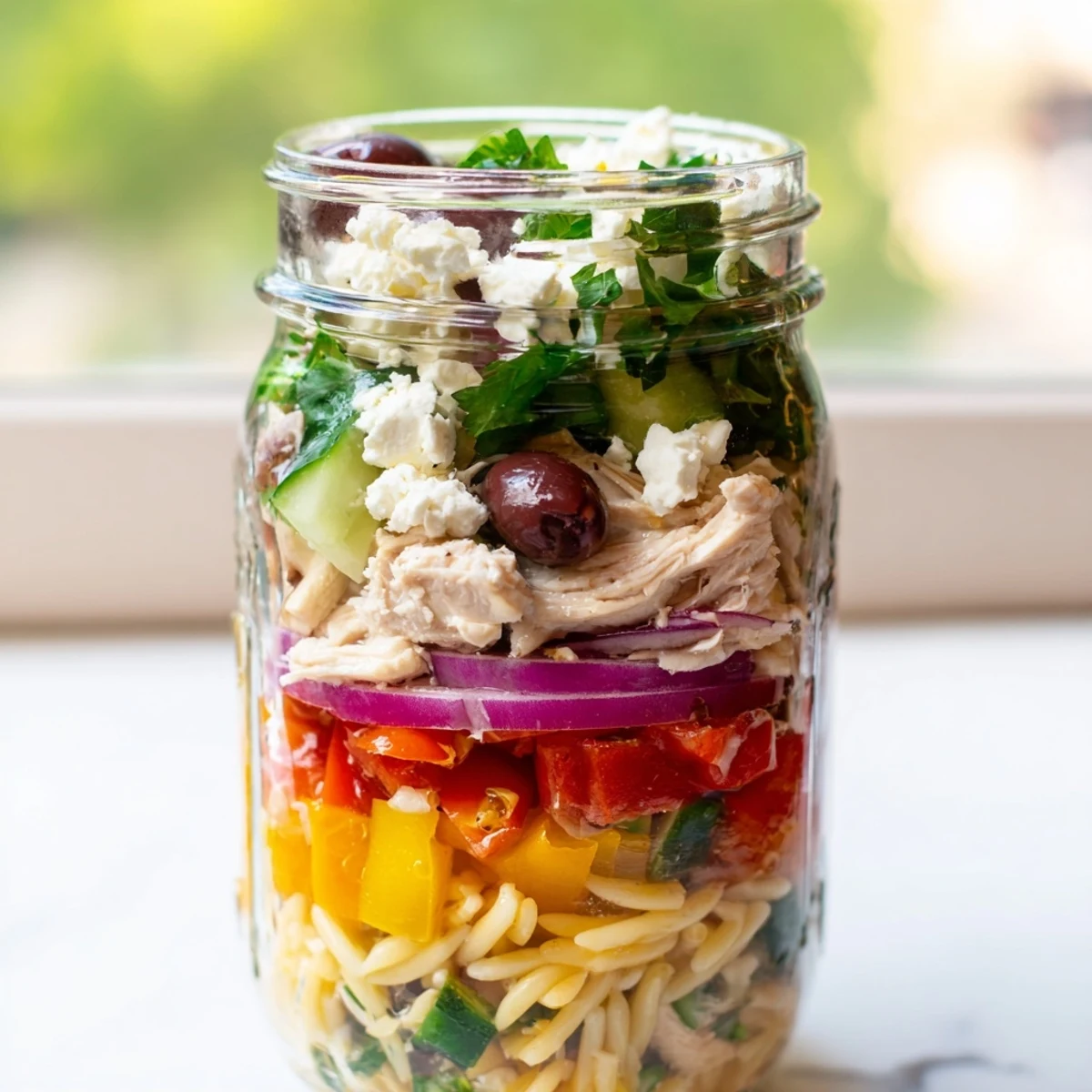 Ready-to-eat Greek pasta chicken salad in a jar, with tender chicken, orzo, and a vibrant Mediterranean dressing.