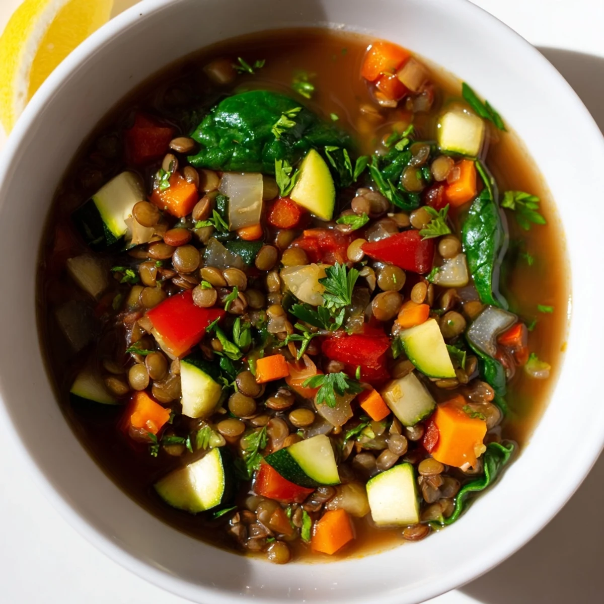 A hearty bowl of homemade Lentil and Vegetable Soup with colorful carrots, celery, and wilted spinach in a rustic pot.