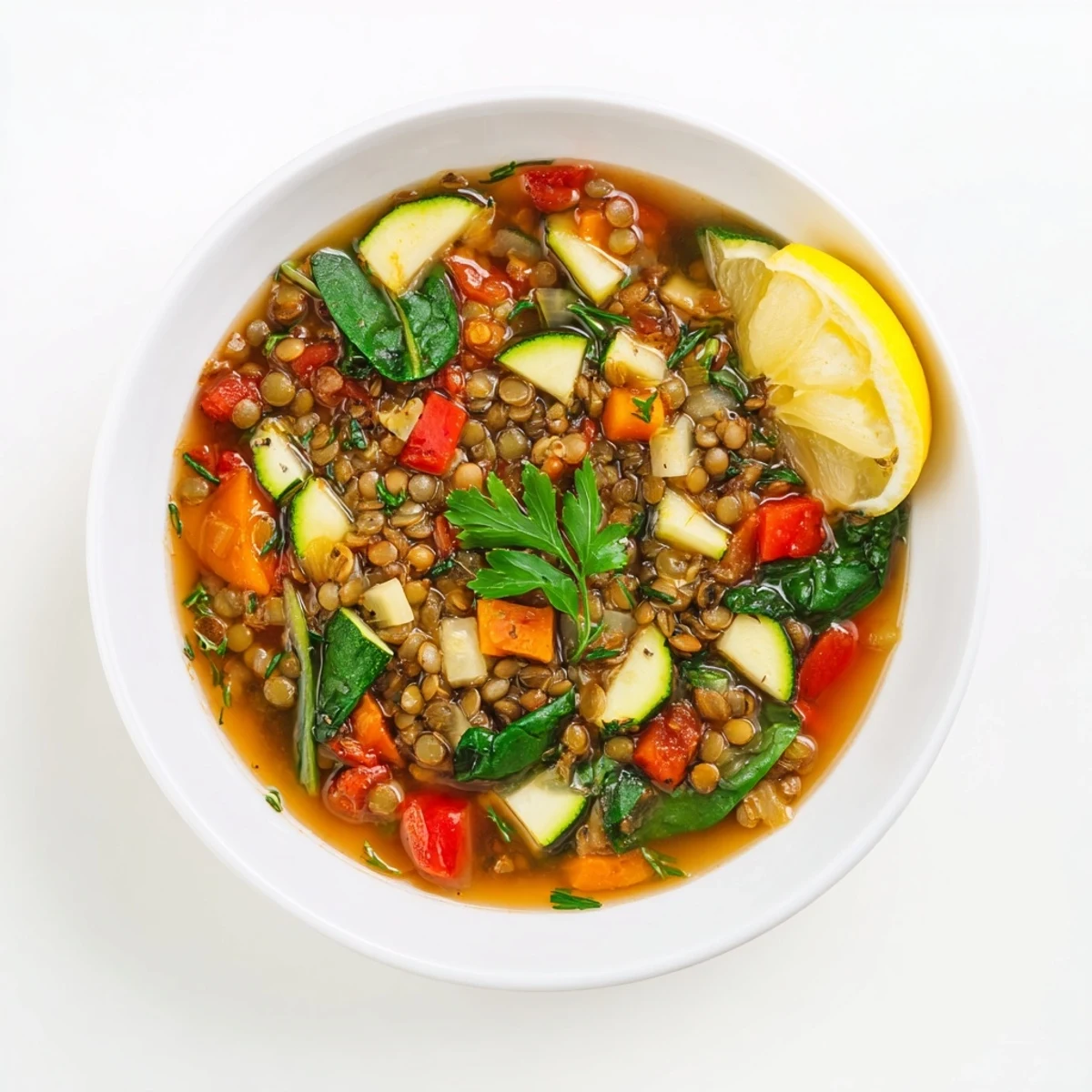 Close-up of a nutritious Lentil and Vegetable Soup featuring tender lentils, diced zucchini, and red bell pepper in savory broth.