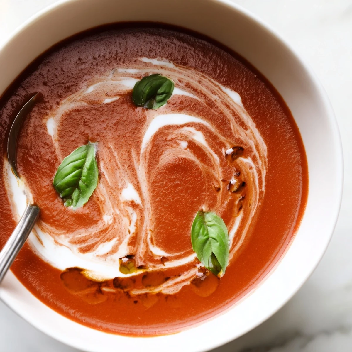 A bowl of creamy tomato and basil soup garnished with fresh basil leaves and a drizzle of extra virgin olive oil, served beside crusty bread for dipping.
