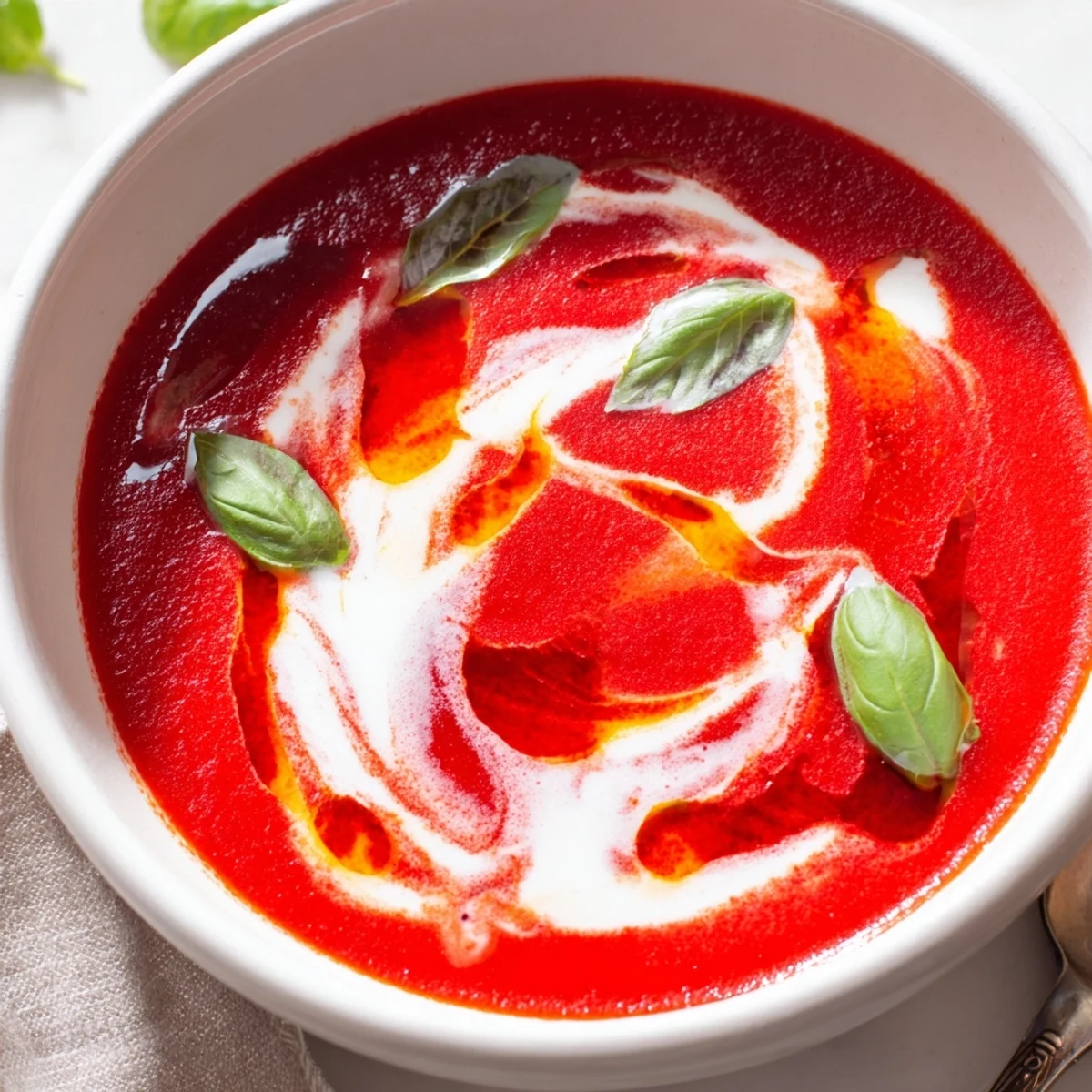 Homemade tomato and basil soup made with ripe tomatoes and aromatic basil, served hot in a rustic ceramic bowl ready for dunking grilled cheese sandwiches.