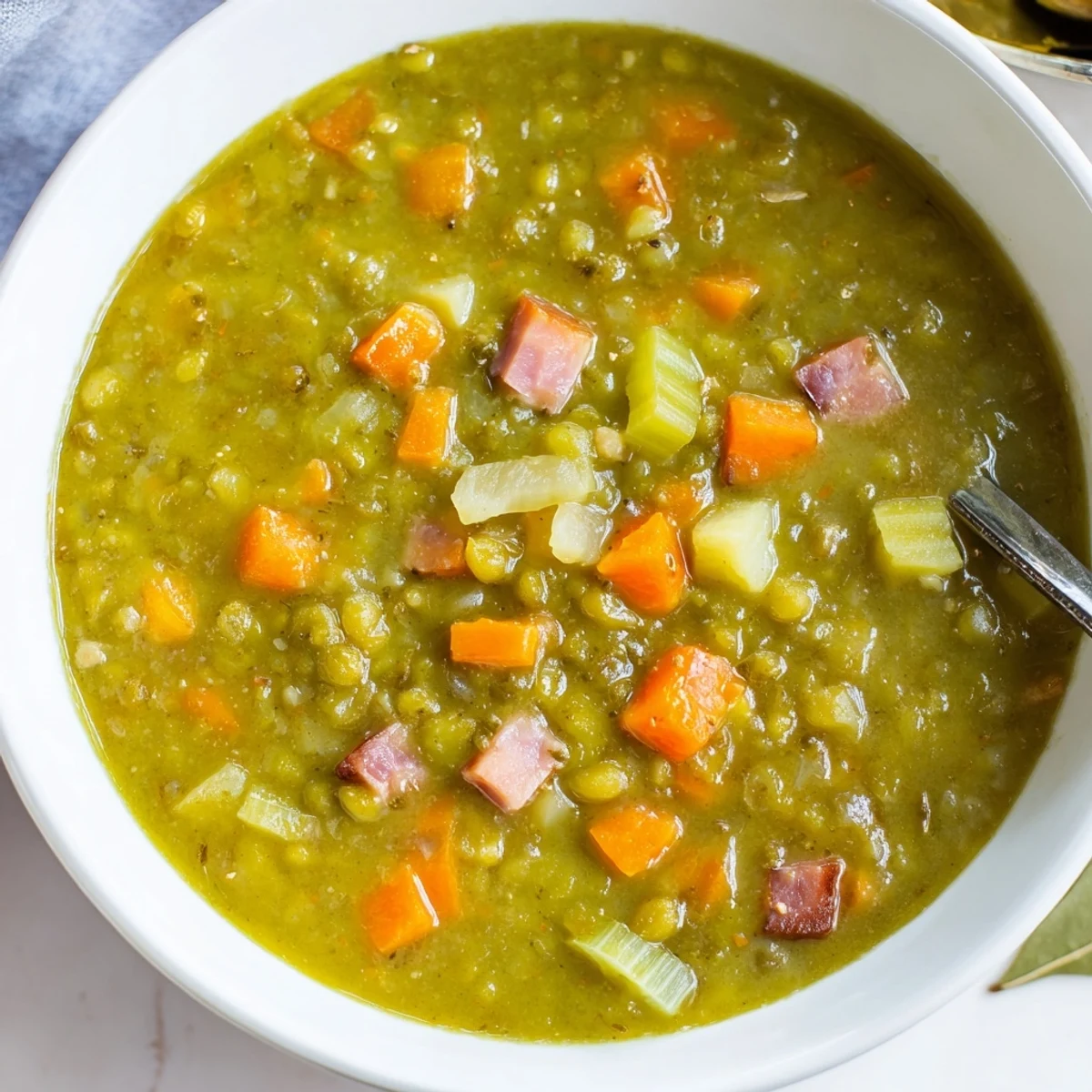 Creamy split pea soup in a rustic bowl garnished with fresh thyme, steaming warmly on a wooden table.  