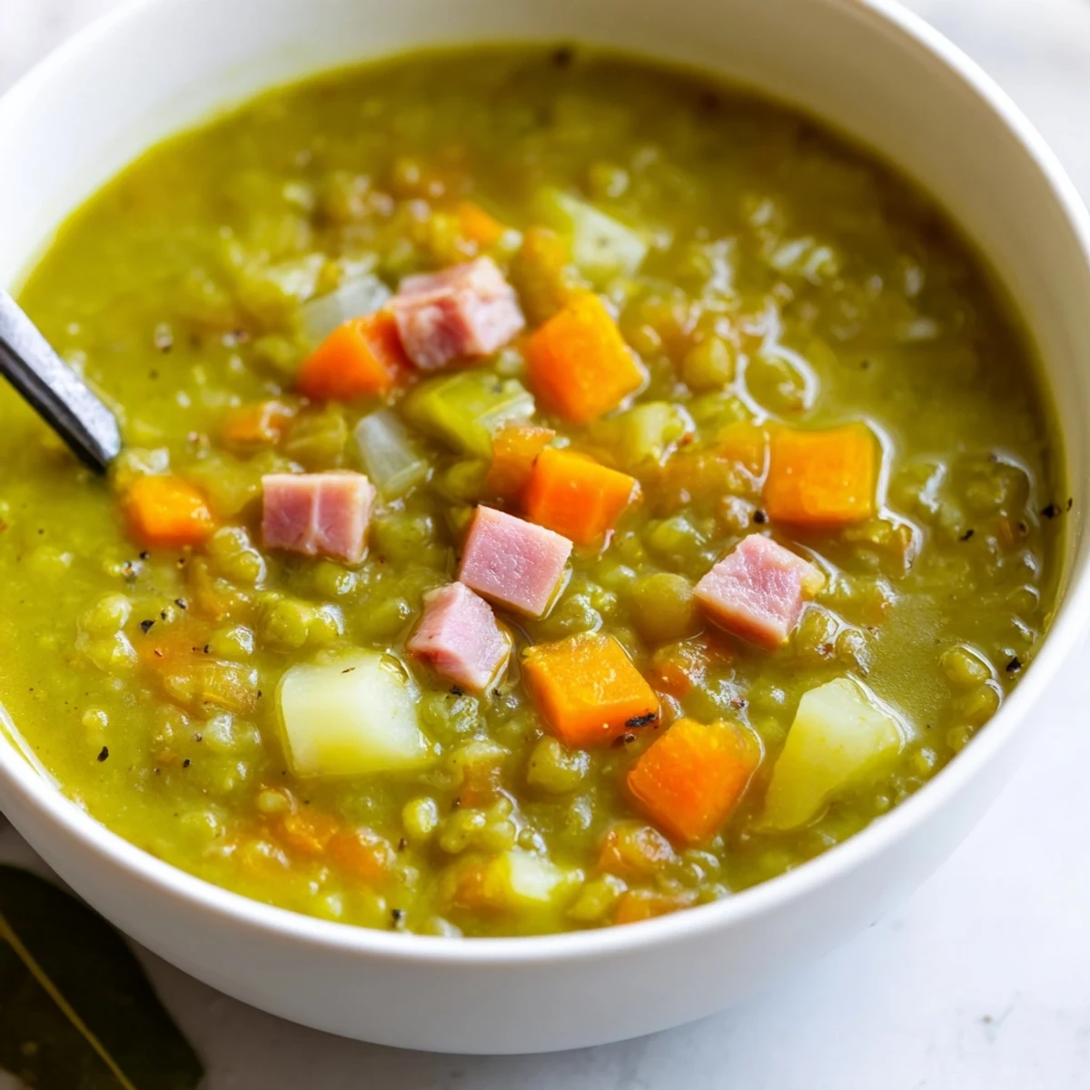 Hearty split pea soup with diced ham and vegetables in a white ceramic pot, ready to serve.  