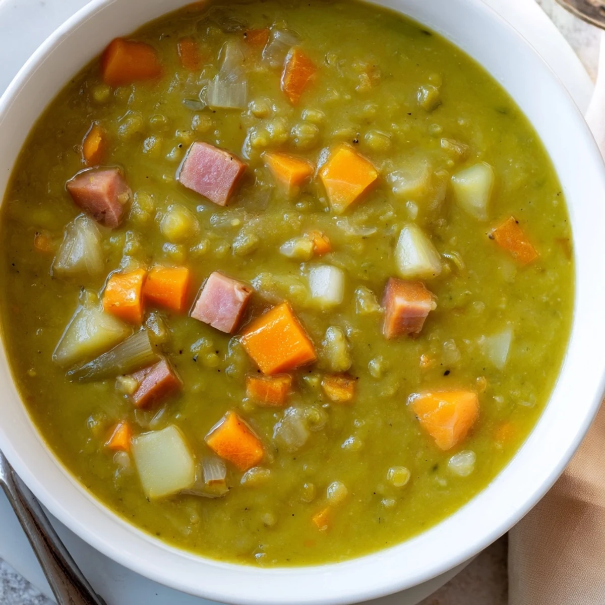 Vibrant green split pea soup pureed to a smooth texture, alongside crusty bread for dipping.