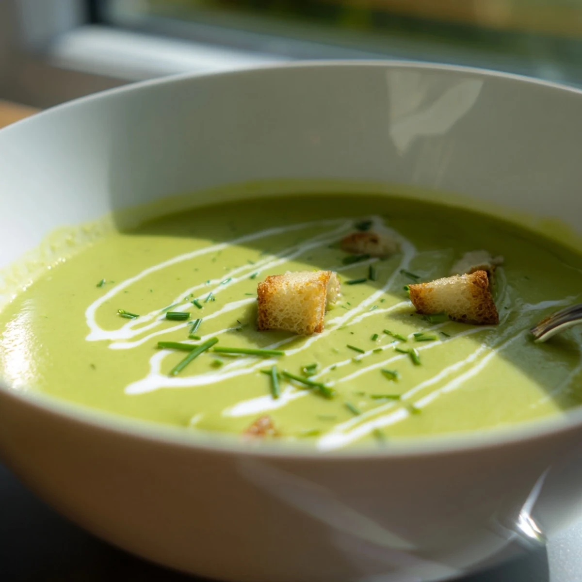 A steaming bowl of creamy broccoli soup, garnished with a swirl of cream and fresh chives, served alongside rustic bread.  