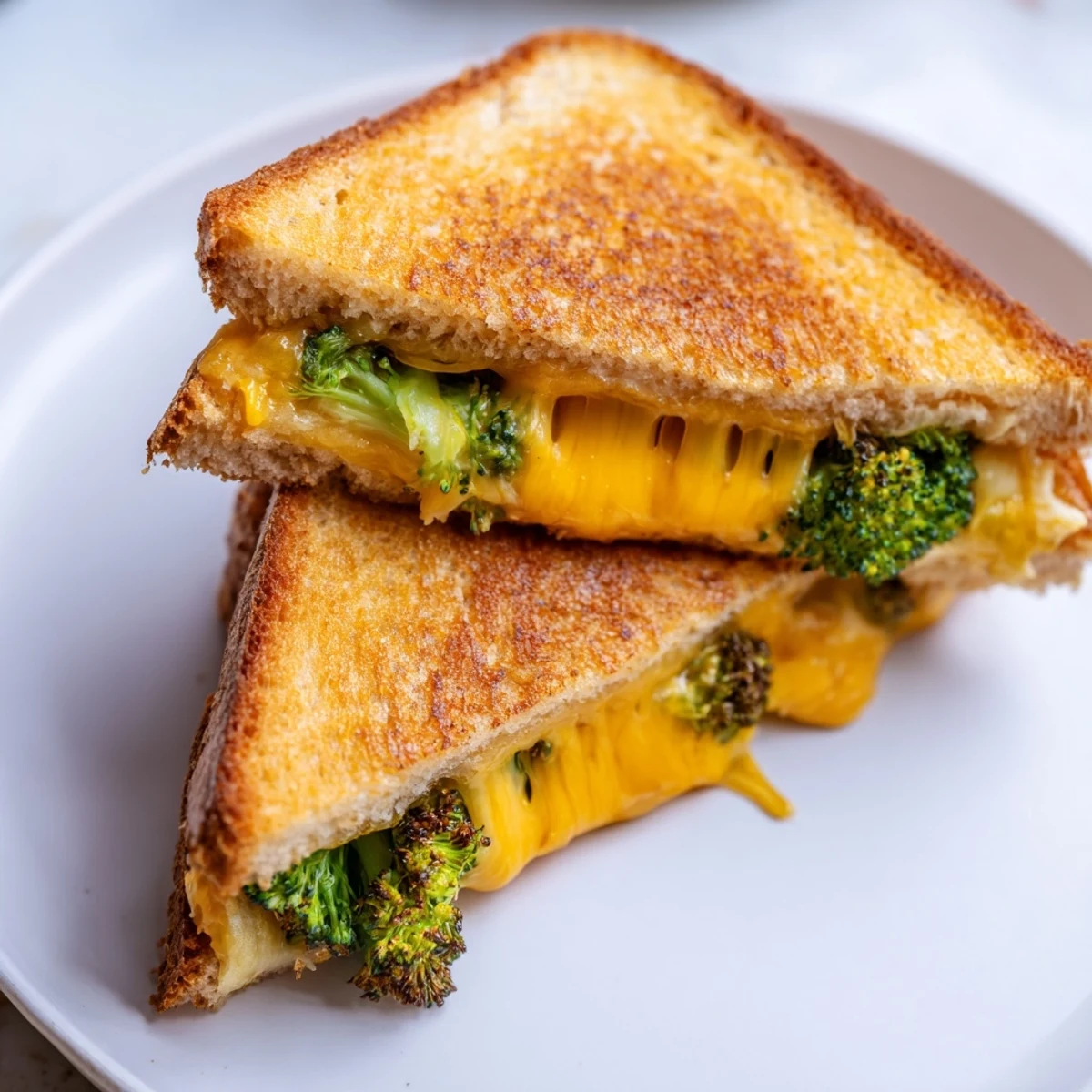Golden toasted sourdough sandwiches filled with melted sharp cheddar and tender roasted broccoli florets, served warm beside a bowl of tomato soup.  