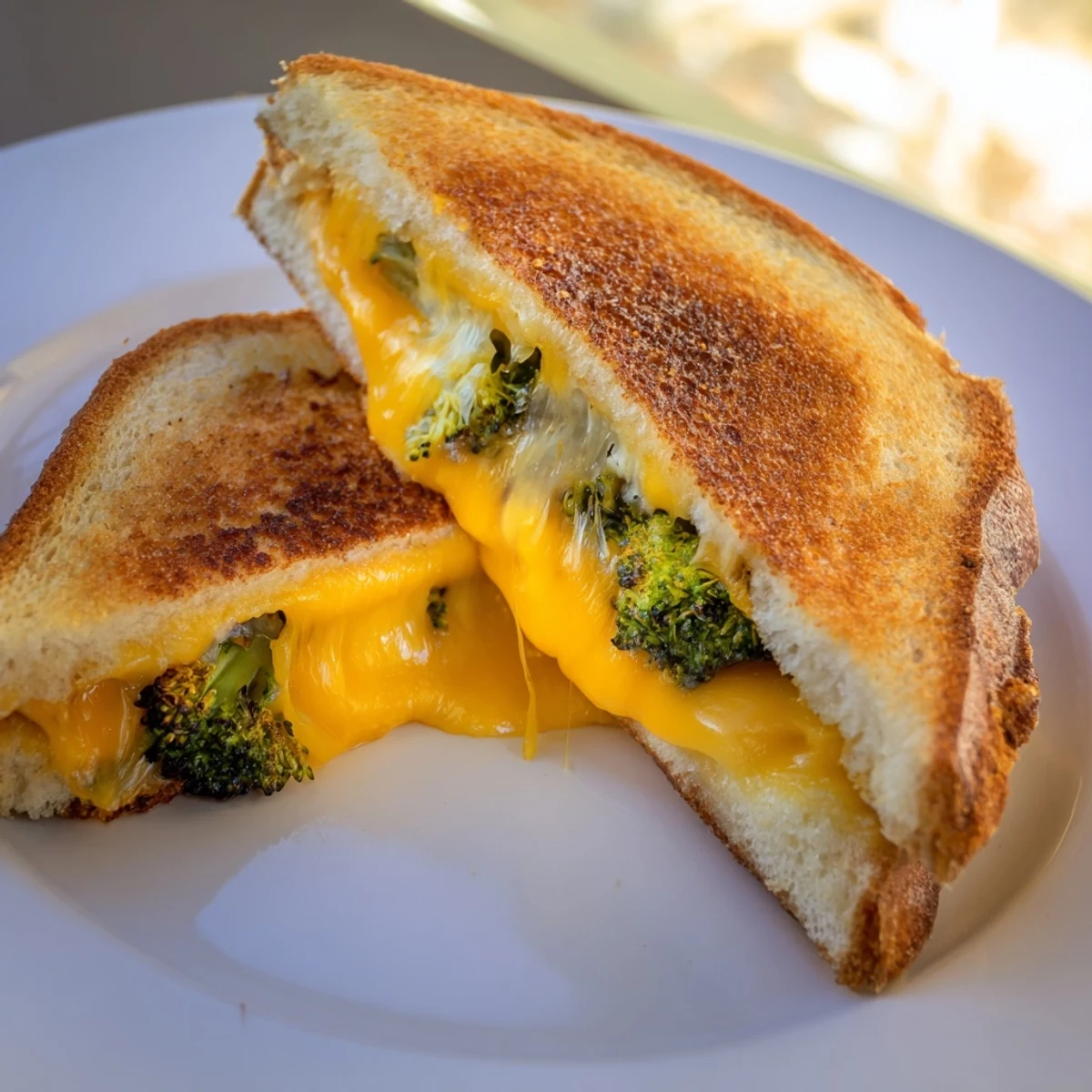 A close-up of a sliced Roasted Broccoli & Cheddar Grilled Cheese, revealing gooey cheese and caramelized broccoli nestled between crispy bread.  