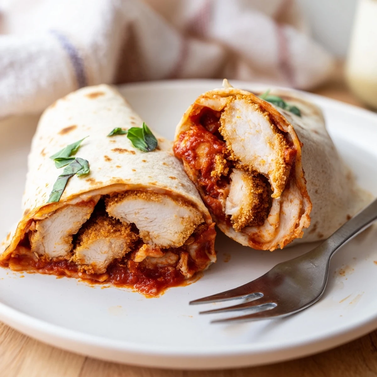 Golden-brown crispy chicken Parm wrap, sliced to show layers of melted mozzarella, fresh basil, and rich marinara sauce inside a soft flour tortilla.