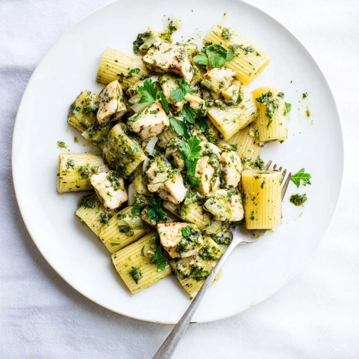 Grilled chicken slices rest on penne pasta, generously coated in vibrant, herb-packed chimichurri sauce for a fresh, zesty fusion meal.