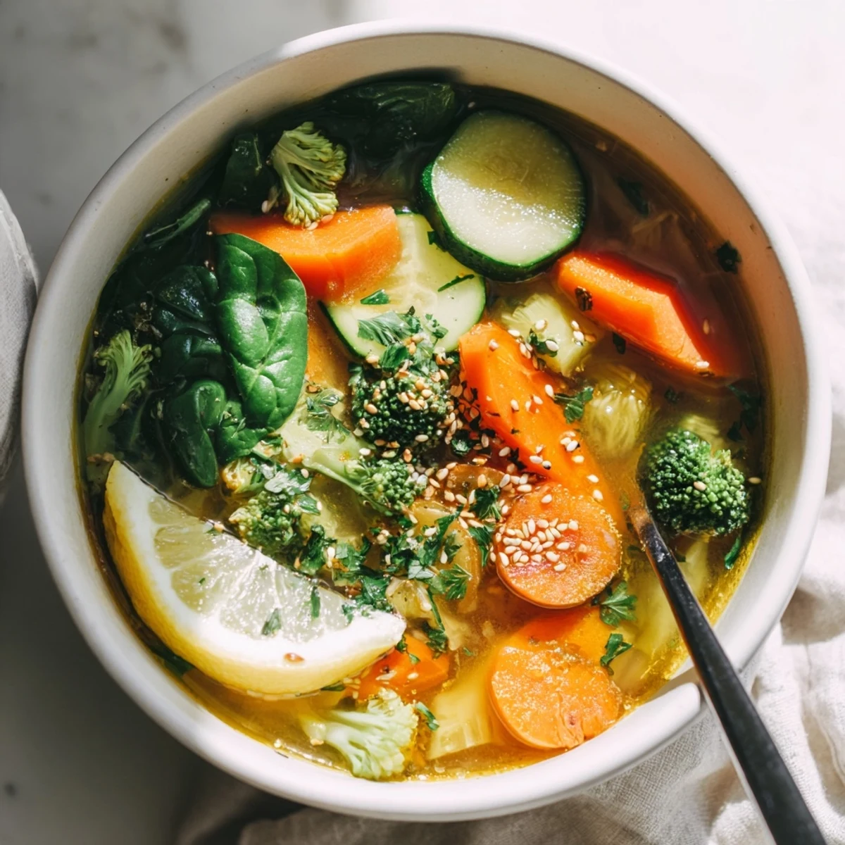 A warm bowl of Collagen-Boosting Broth Bowl featuring tender vegetables and golden turmeric-infused bone broth garnished with fresh herbs.  