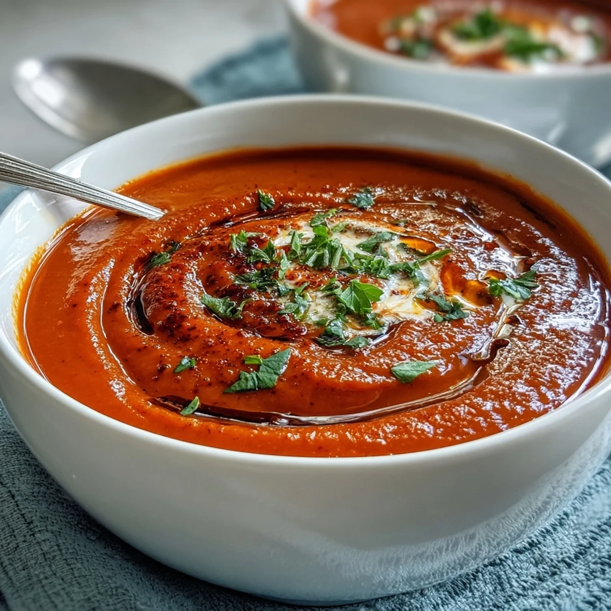 Silky roasted red pepper soup, vibrant, with creamy swirl and crusty bread.