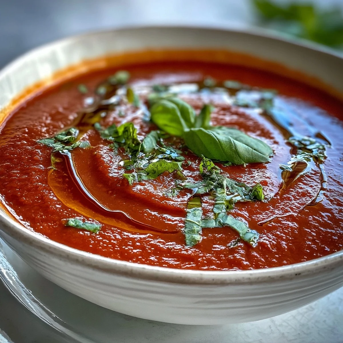 A pot of vibrant Tomato and Basil Soup being ladled, with fresh basil leaves and ripe tomatoes nearby.