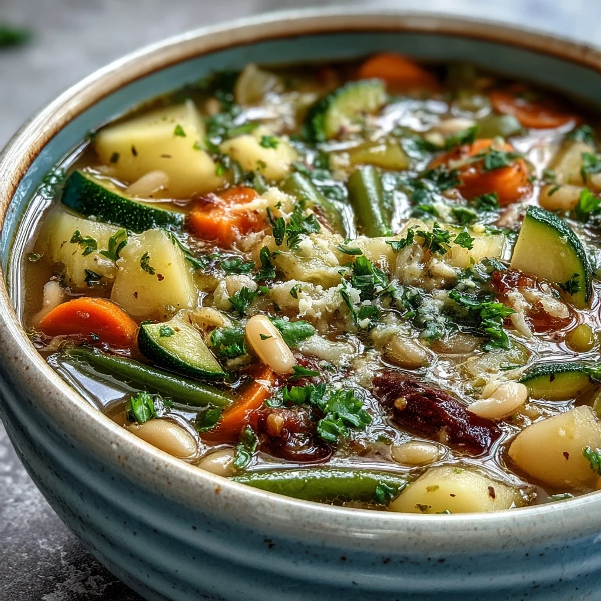 A steaming bowl of homemade Minestrone Vegetable Soup filled with pasta and cannellini beans.