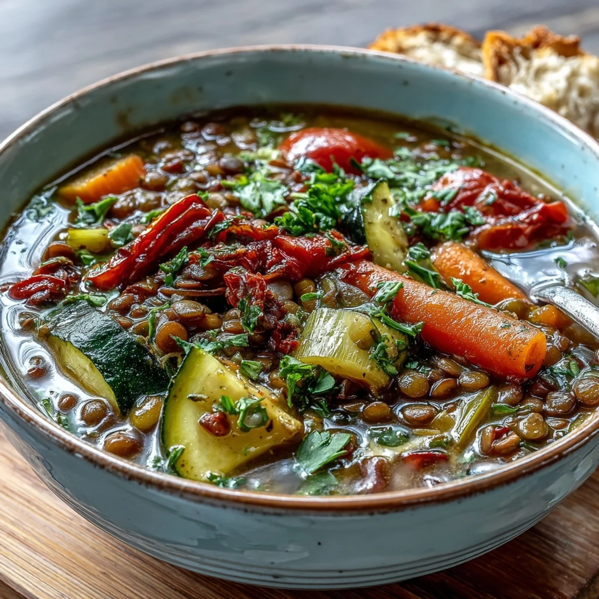 A steaming bowl of Lentil and Vegetable Soup garnished with fresh parsley, served with crusty bread for a cozy, nourishing meal.