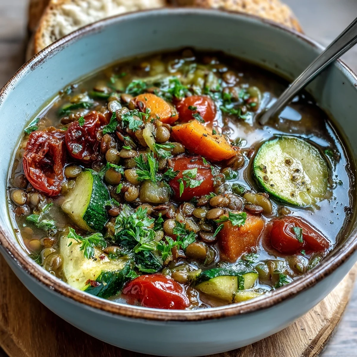 Colorful roasted vegetables and tender lentils simmer in this savory Lentil and Vegetable Soup, ready to be served hot.