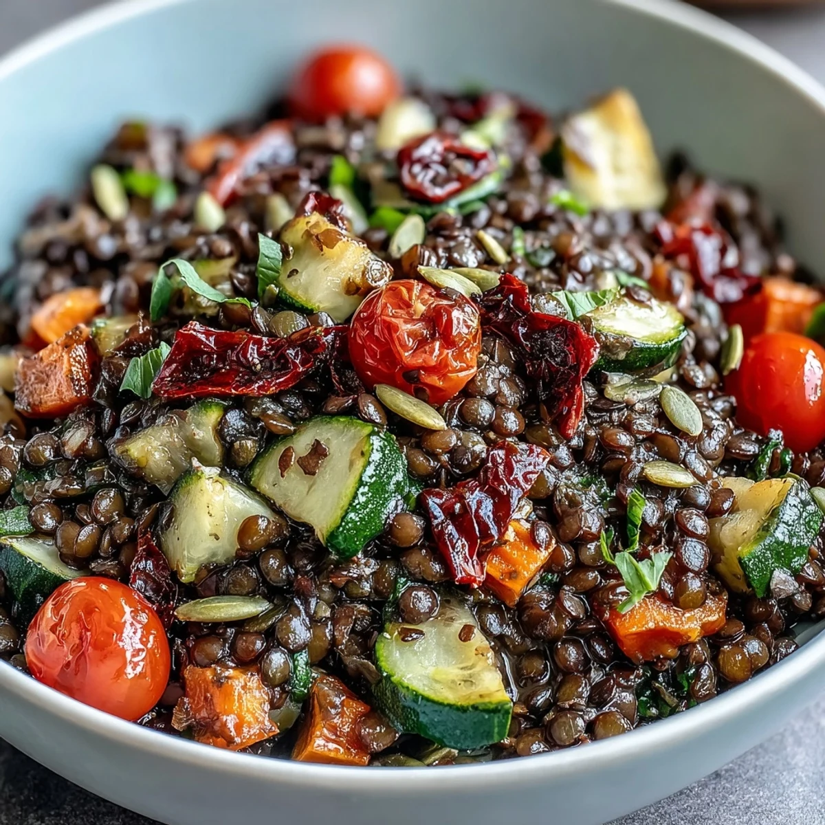 A bowl of Black Lentil Salad with roasted red bell pepper, zucchini, and bright cherry tomatoes on a wooden table.